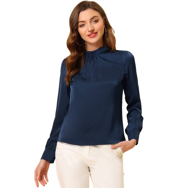 Blusa Allegra K de Manga Abullonada Plisada con Cuello Alto Suave Sedoso Azul Oscuro L