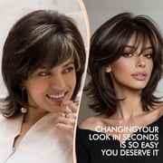 QUEENTAS Mullet Wig Short Brown Wigs for Women Synthetic Brown Wig with Bangs Mix Blonde Highlights