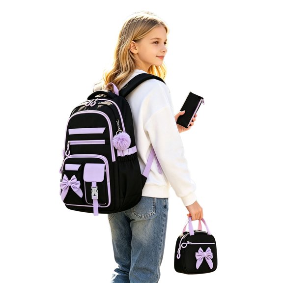 Weebloom Bow School Backpack With Lunch Box Pencil Case For Kids Girls Cute 3Pcs School Bags Set Lightweight Casual Daypack Travel Outdoor Large Bookbag Elementary Middle High School Black