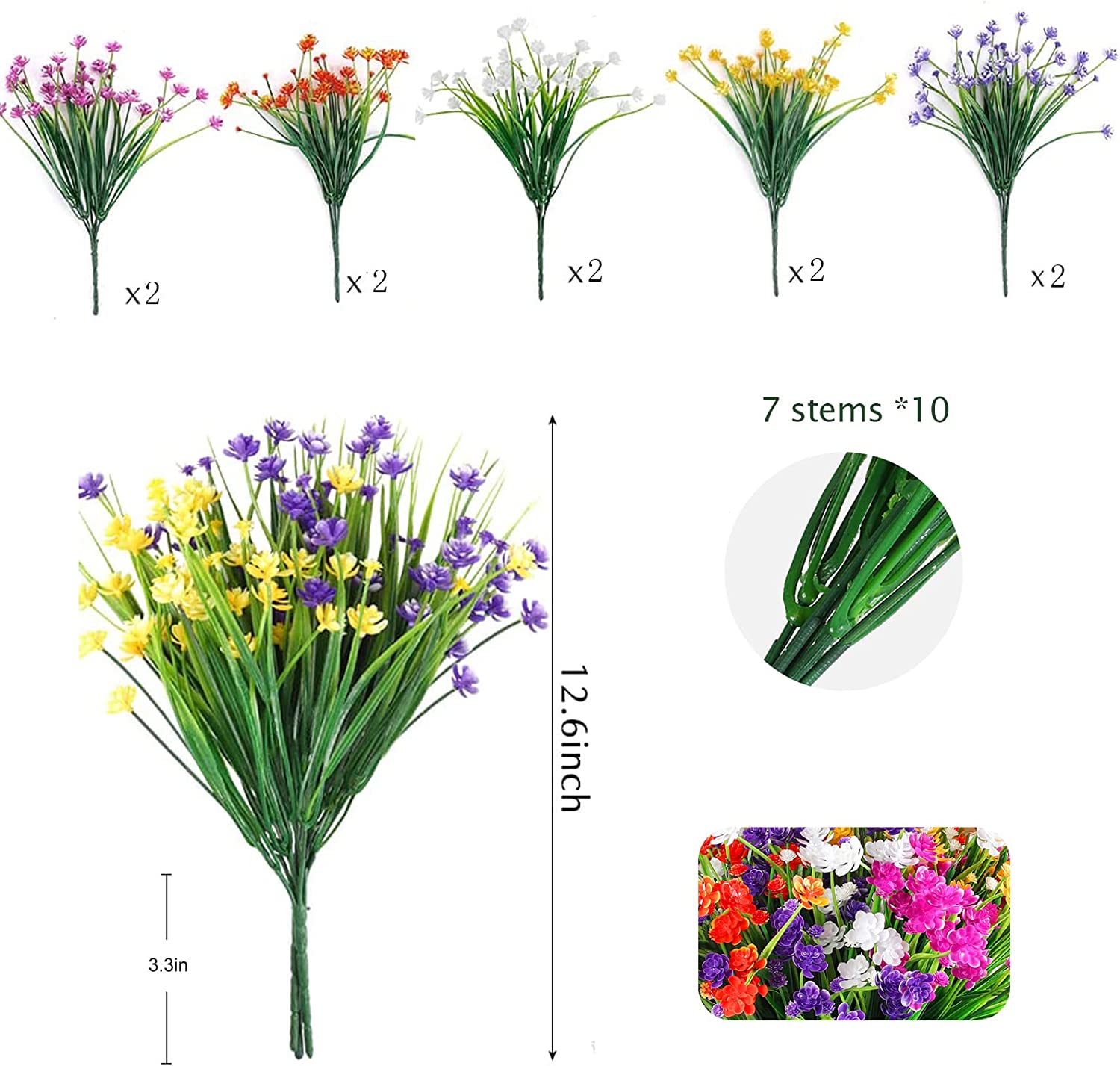 Morttic Artificial Flowers for Outdoors Plastic UV Resistant Faux Flowers Decoration Greenery Garden Shrubs，Bulk Fake Flowers in Vase (Mix Color 10pcs)