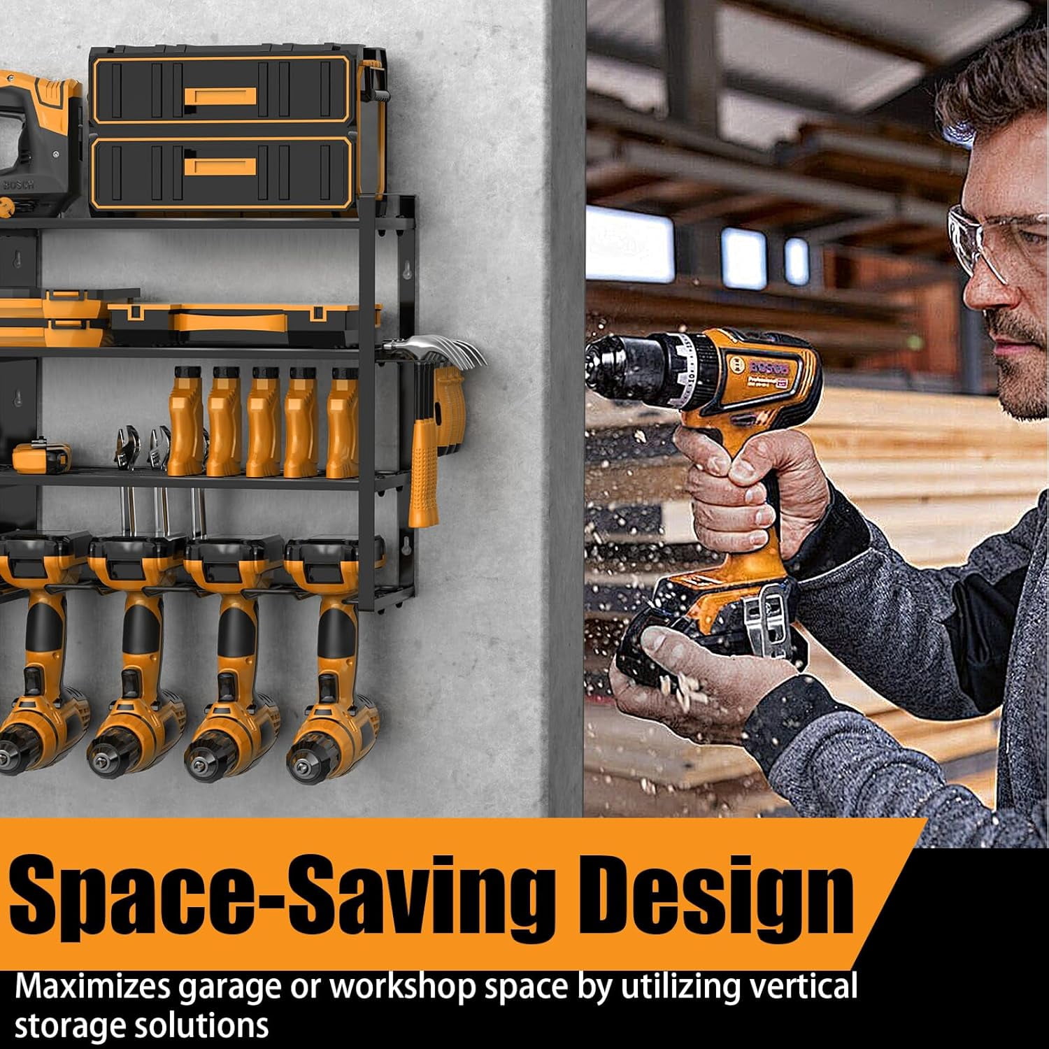 4 Layer Wall Mount Tool Organizer with 8 Drill Holder, Heavy Duty Storage Rack for Garage