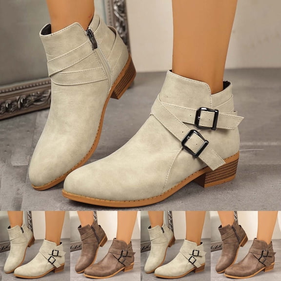 Miluxas Women's Chunky Low Heel Ankle Boots Classic Solid Color Pointed Toe Side Zipper Booties Khaki 9.5(43)
