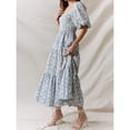 thumbnail image 4 of Blue Floral Print Square Neck Puff Sleeve Tiered Smocked A-Line Maxi Dress For Women, 4 of 8