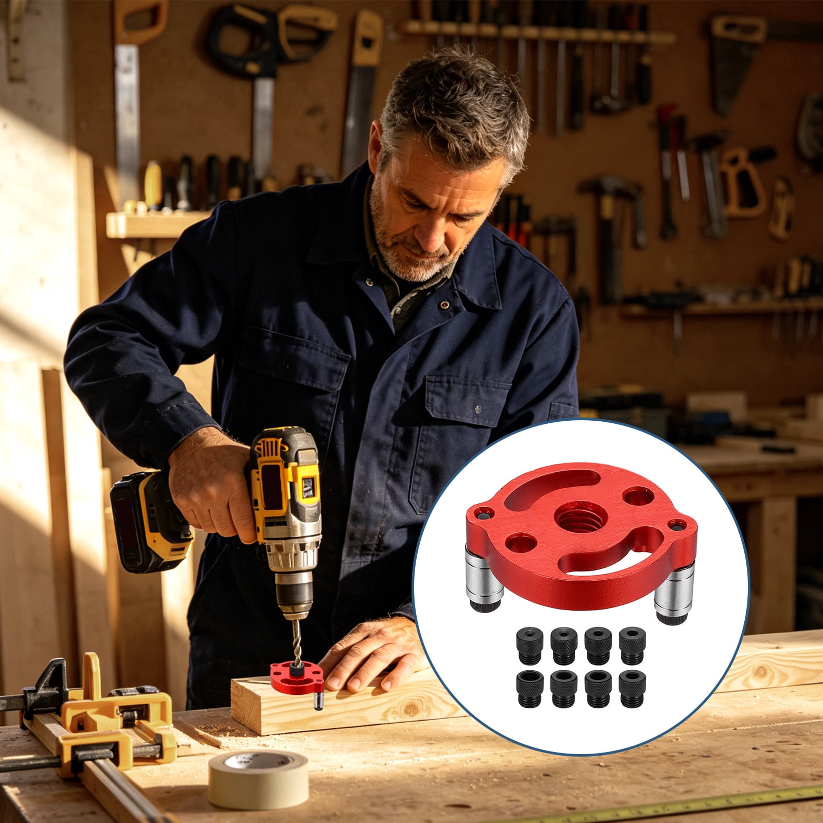 Uxcell Self Centering Doweling Jig Kit Straight Holes Puncher Dowel Jig Locator with Drill Bushings Woodworking Joints Tool for Precise Straight Holes, Red