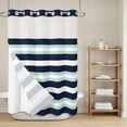 thumbnail image 6 of No Hook Shower Curtain with Snap in Liner, Navy Blue Turquoise Stripes Waterproof Fabric Bathroom Curtain Mesh Top Window, Modern Minimalist Art Shower Curtains 72x84in, 6 of 9