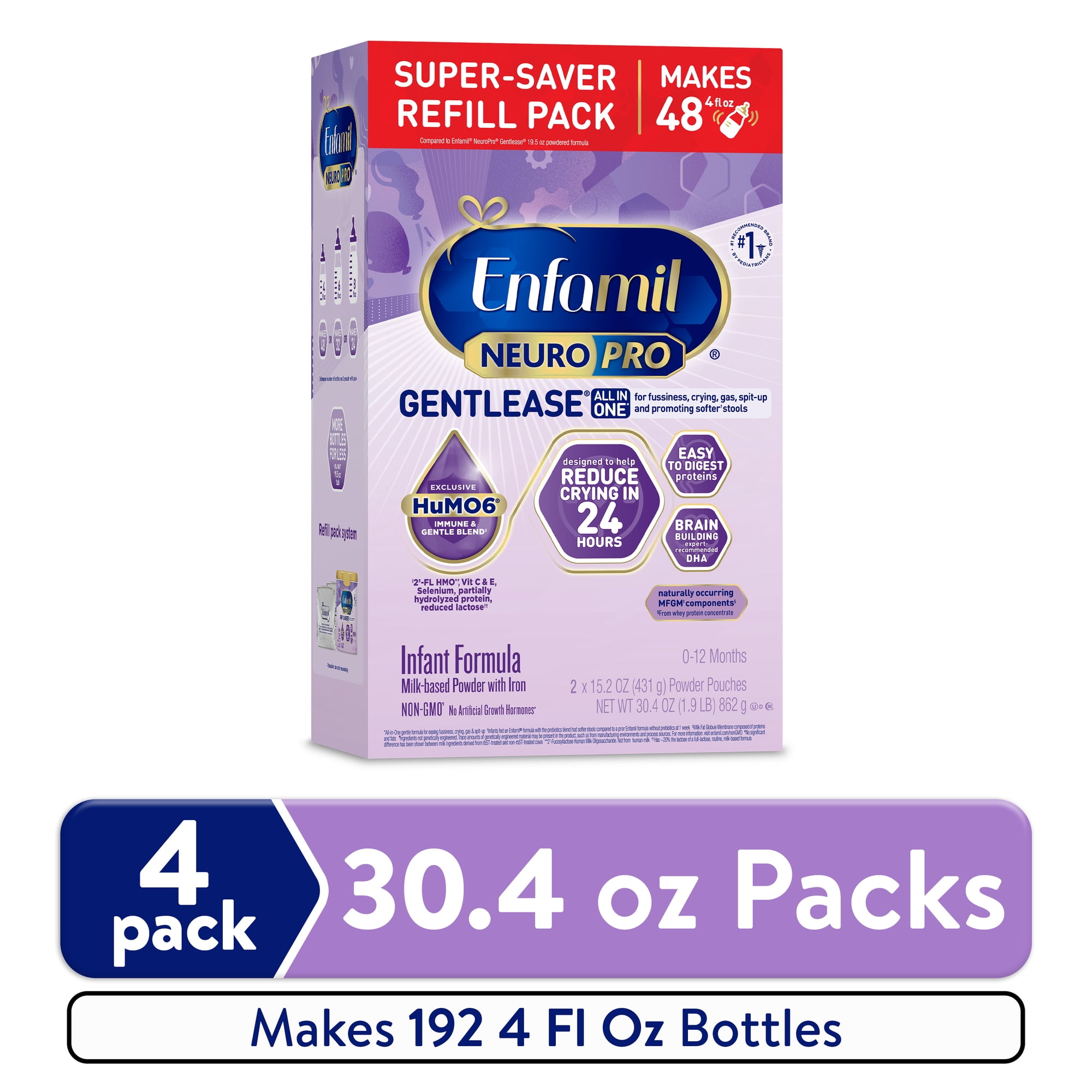 Enfamil NeuroPro Gentlease Baby Formula for Easing Fussiness, Gas, Spit-up in 24 Hrs, 30.4 Oz, 4 Boxes