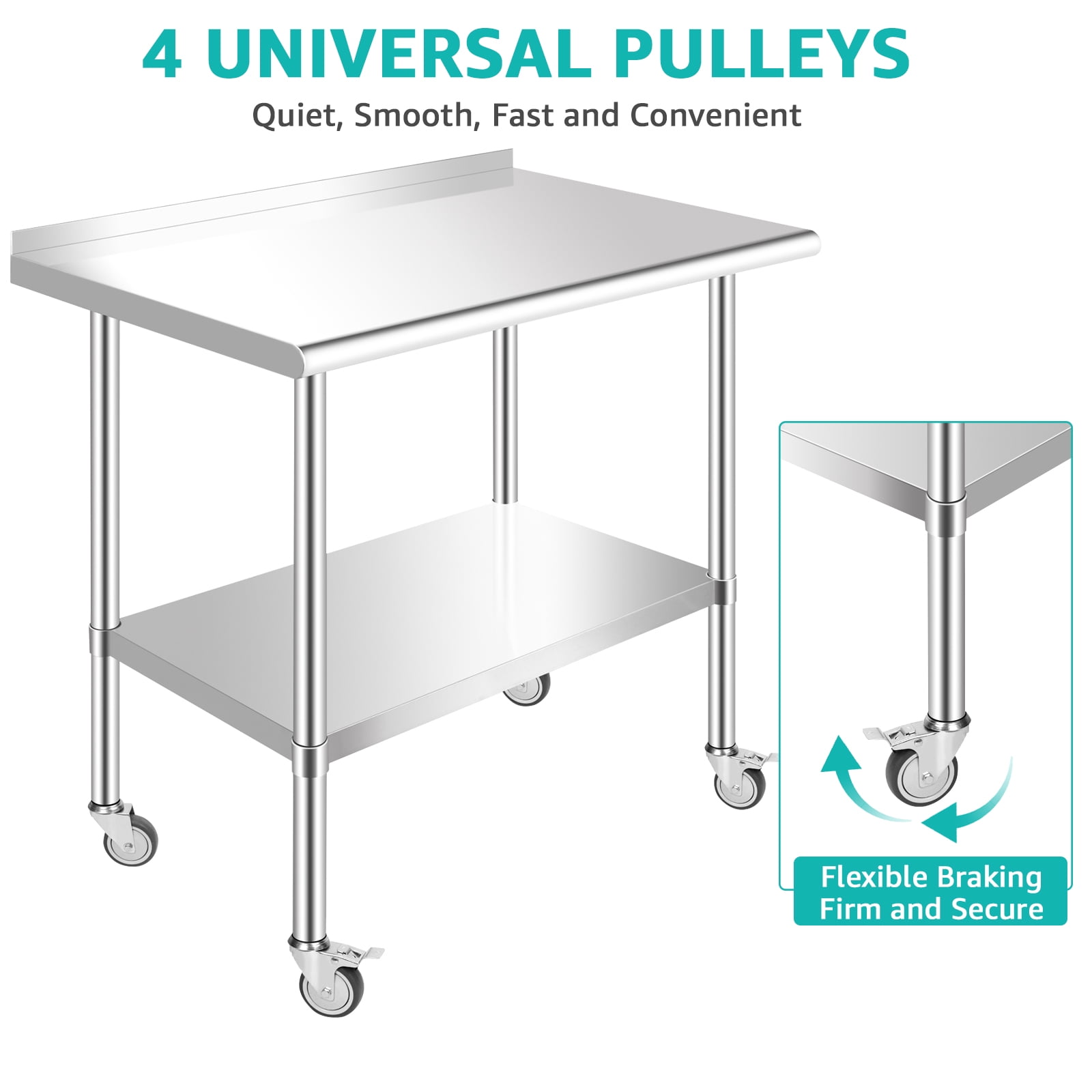 PRIJESSE 36 x 30 Inch With baffle Stainless Steel Table w/ Undershelf, Casters, Commercial Kitchen Work & Prep Table