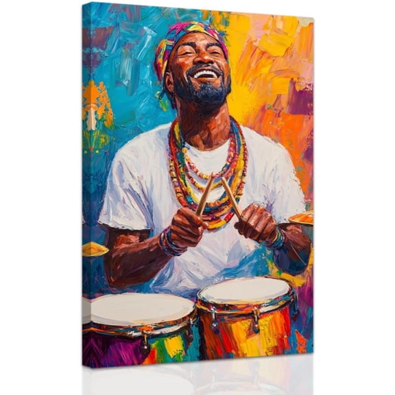 ZHONGYUTONG African American Men Music Wall Art Africa Drum Canvas Black Man Pictures Ethnic Instruments Traditional Painting Prints Afro Home Decor Framed (12.00" x 18.00")