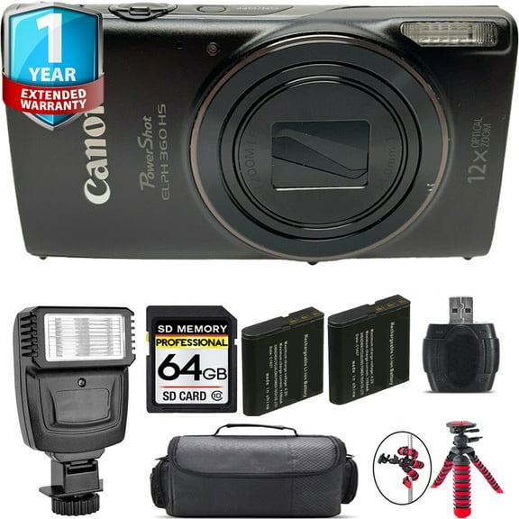 Canon PowerShot ELPH 360 Camera (Black)    1 Yr Warranty   Flash - 64GB Kit (International Version)