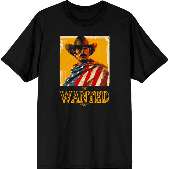 "Wanted" Cowboy With American Flag Adult Black Crew Neck Short Sleeve Tee-Medium