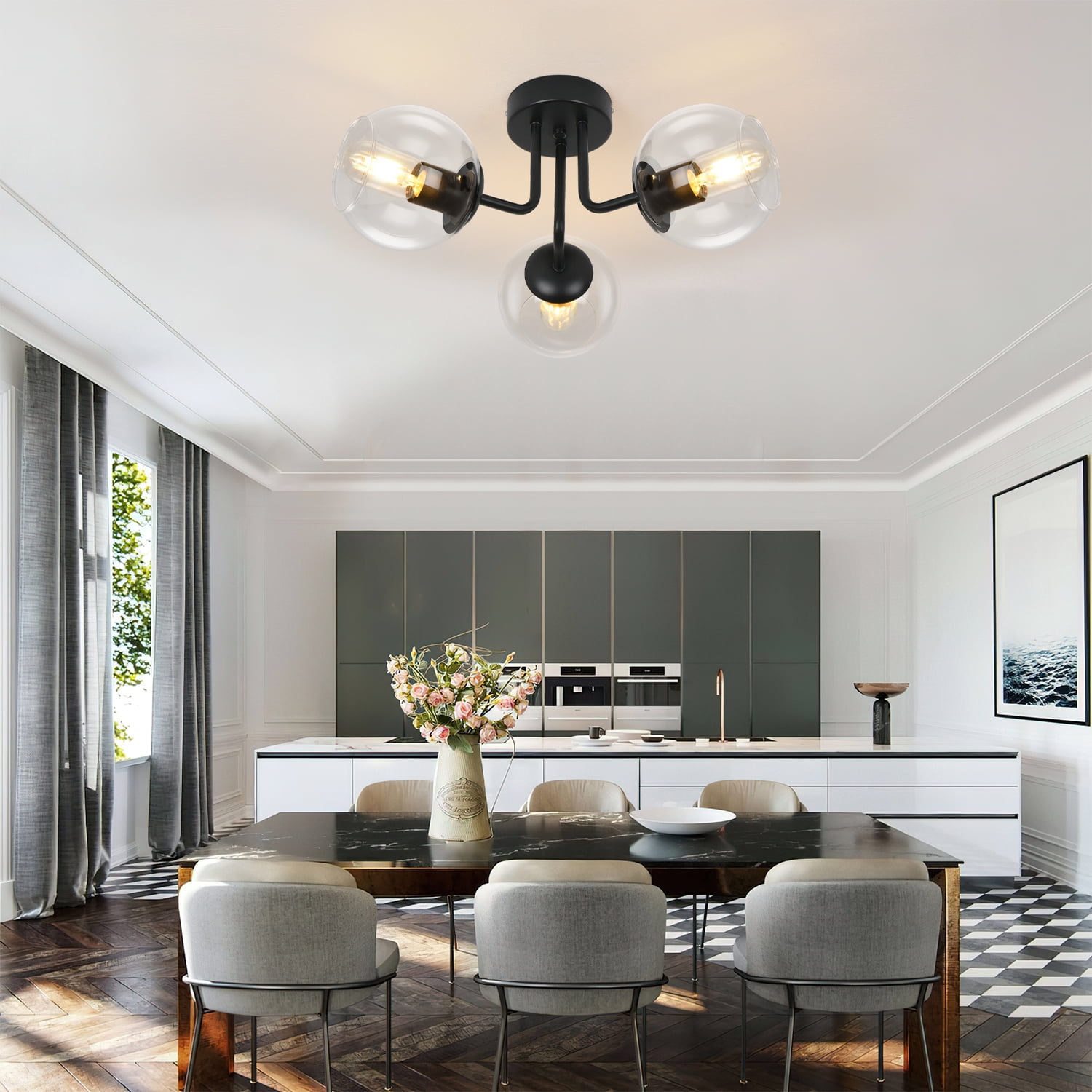 GoYeel 3 Light Black Global Ceiling Light Glass Shade Modern Close to Ceiling Light for Dining Room Kitchen Island Entryway Foyer