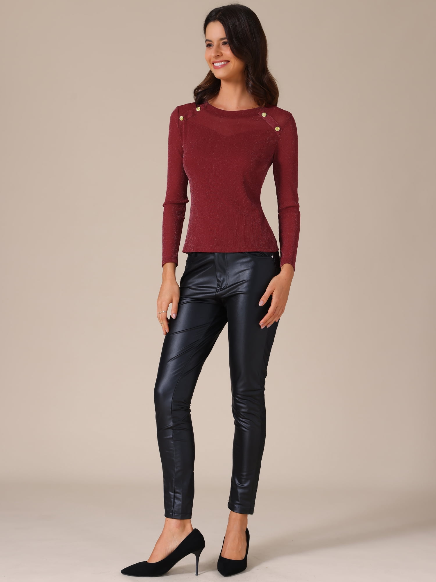 DARING DIVA Women's Long Sleeve Glitter Semi Sheer Shiny Long Sleeve Top S Burgundy