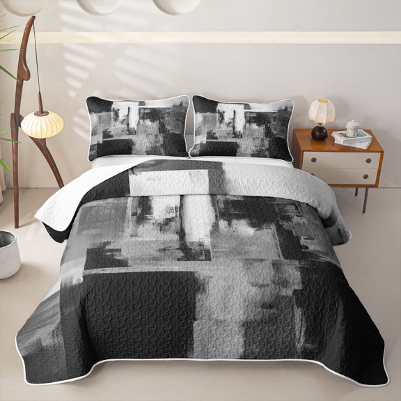 Homewish Watercolor Block Twin Quilt Set,Abstract Grunge Twin Coverlet Set,Gray,2 Pieces