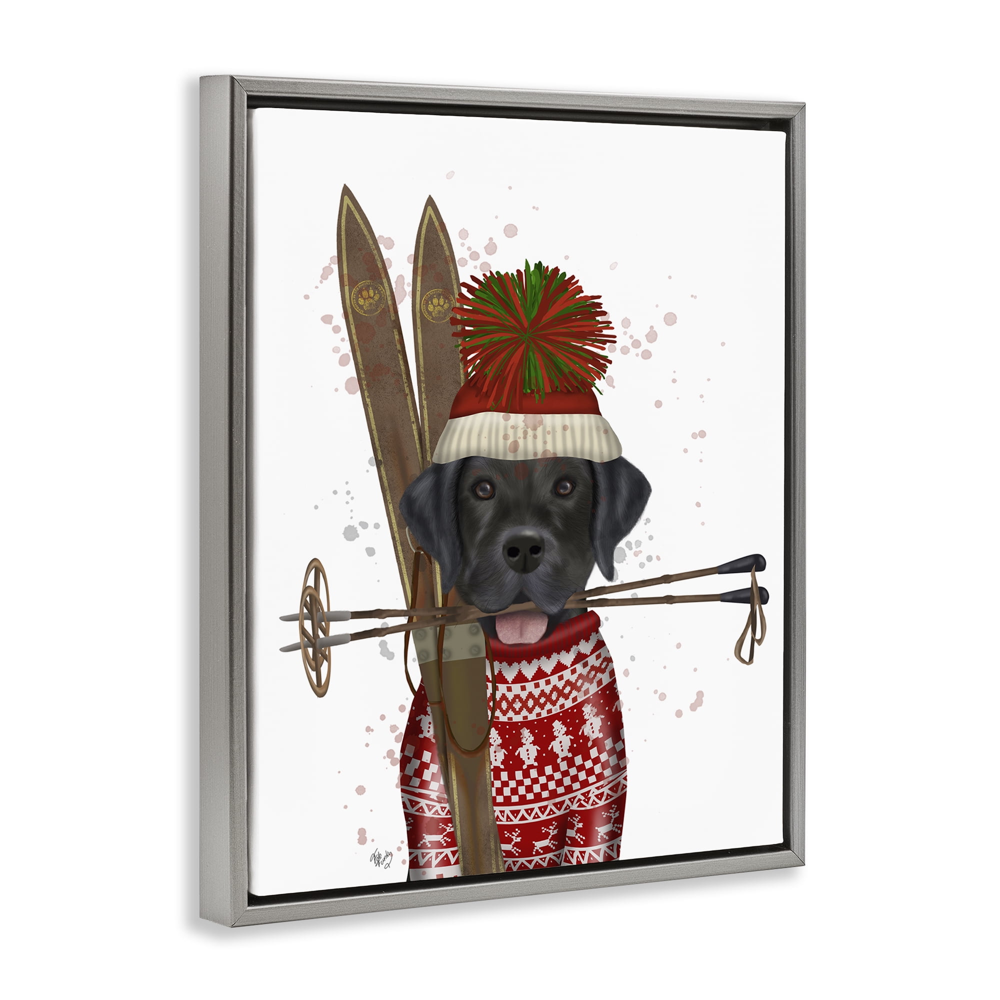 Stupell Industries Black Labrador Skiing Animals & Insects Painting Gray Floater Framed Canvas Art Prints Wall Art, 25 x 31