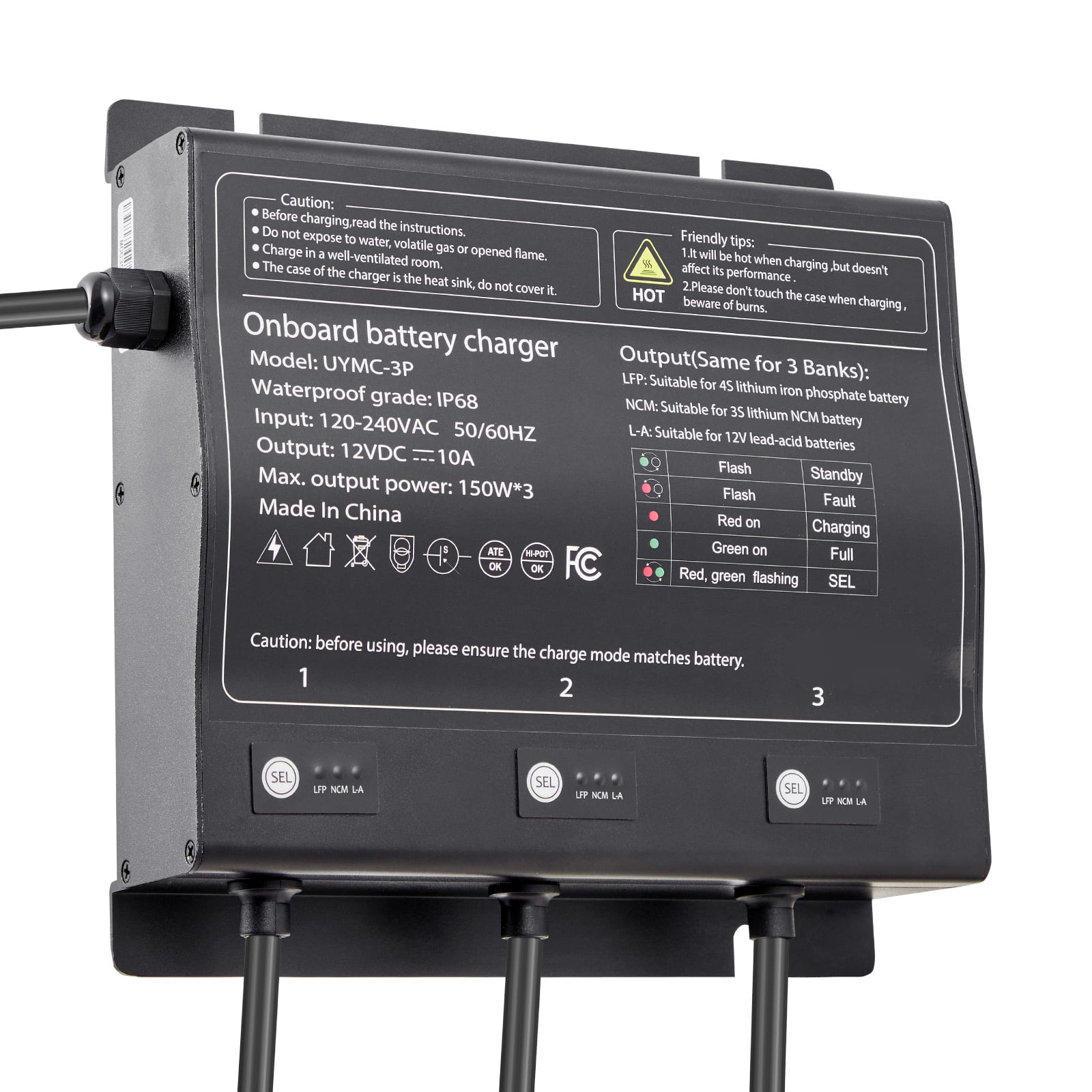 KFFKFF Marine Battery Charger, 3-Bank, 10A 12V Onboard Charger, IP68 Waterproof Smart Battery Charger, Compatible with Lithium-Ion (LiFePO4), NCM, Lead-Acid Batteries for Boats, Yachts, RVs
