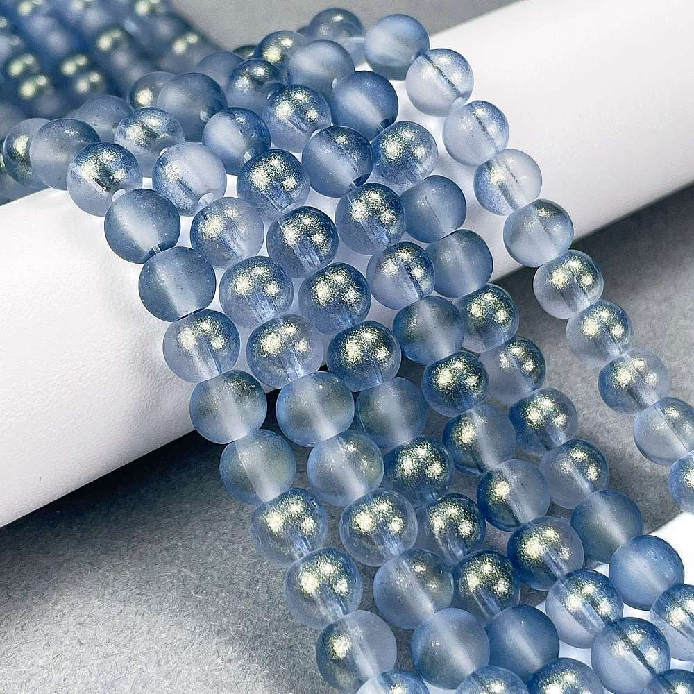 Frosted Transparent Glass Bead Strands with golden Powder Round Light Steel Blue 6mm Hole: 1mm 146pcs/strand 31.02''(78.8cm)