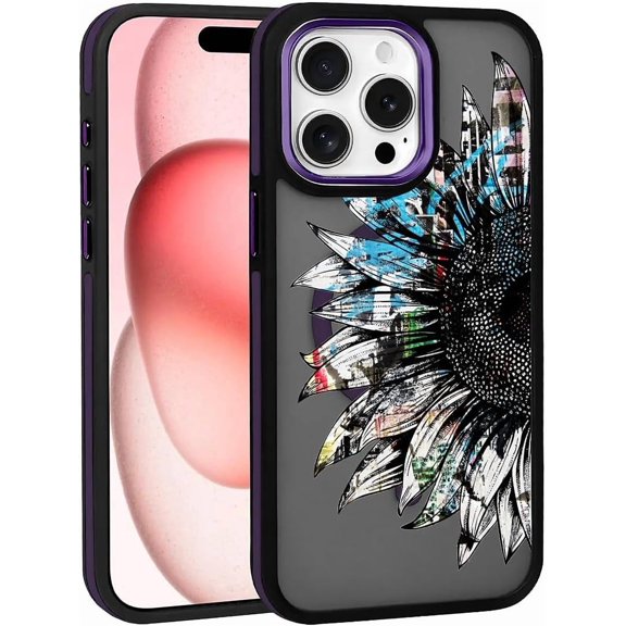 Case for iPhone 15 Pro Max Design On Matte Black Base, Compatible with MagSafe, Slim Protective Bumper, Magnetic Women Girls 15 Pro Max - Sunflowers and Light Purple