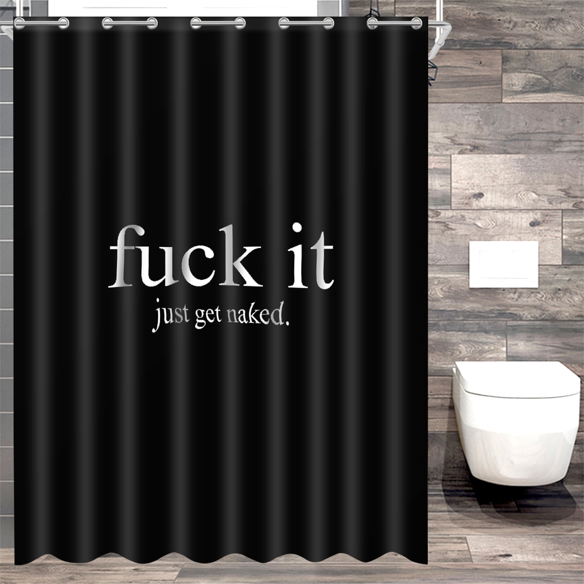 Shower Curtain Bath Mat Lid Toilet Cover 4Pcs Set Word Design Non-Slip Rug