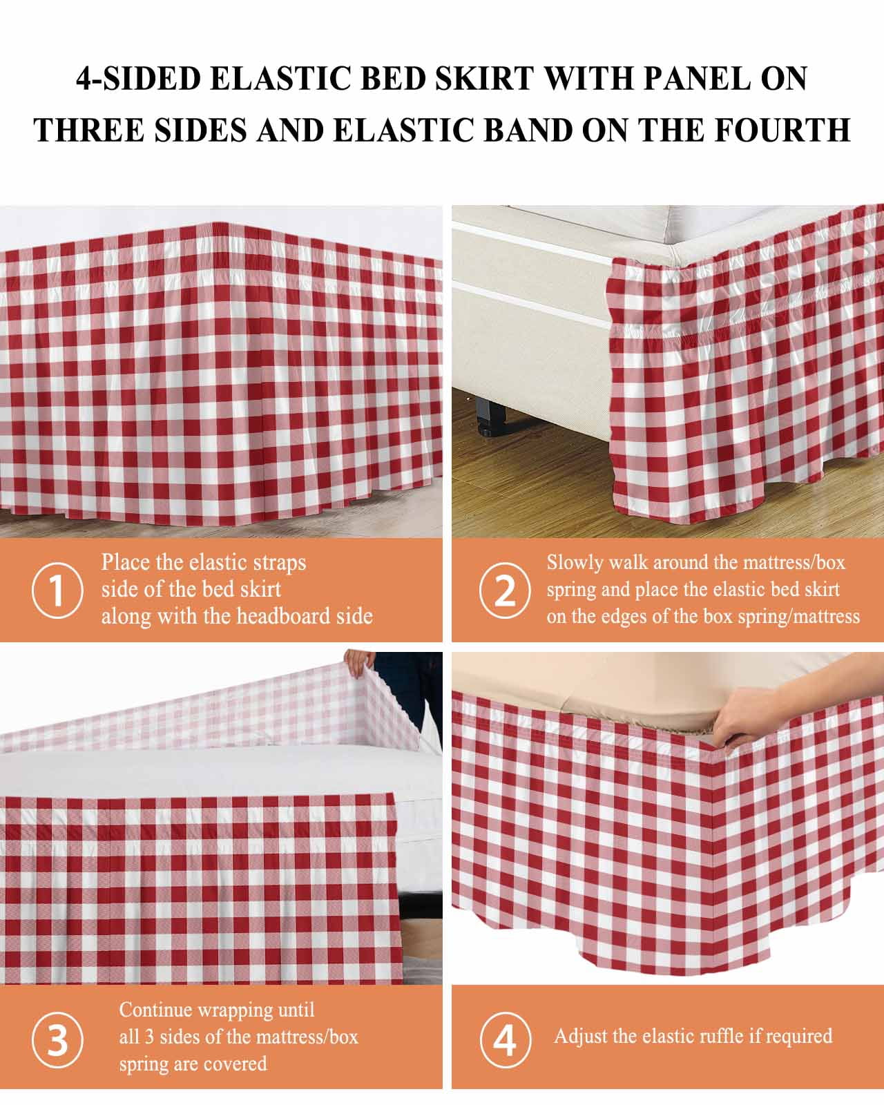 Red White Bed Skirt Buffalo Plaid Bed Skirts Queen Size 16 Inch Drop, Wrap Around Dust Ruffle&nbsp;Bedskirt with Adjustable Elastic Belt for Queen Size Beds