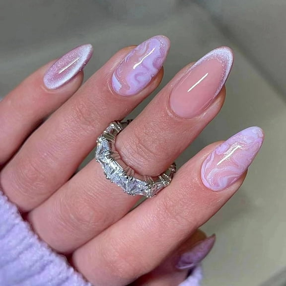 Press on Nails Medium Almond Fake Nails Glossy Glue on Nails Purple Cat Eye Acrylic Nails Stiletto French Tip Artificial Nails Bling Glitter Swirl Stick on False Nails with Design 24 pcs