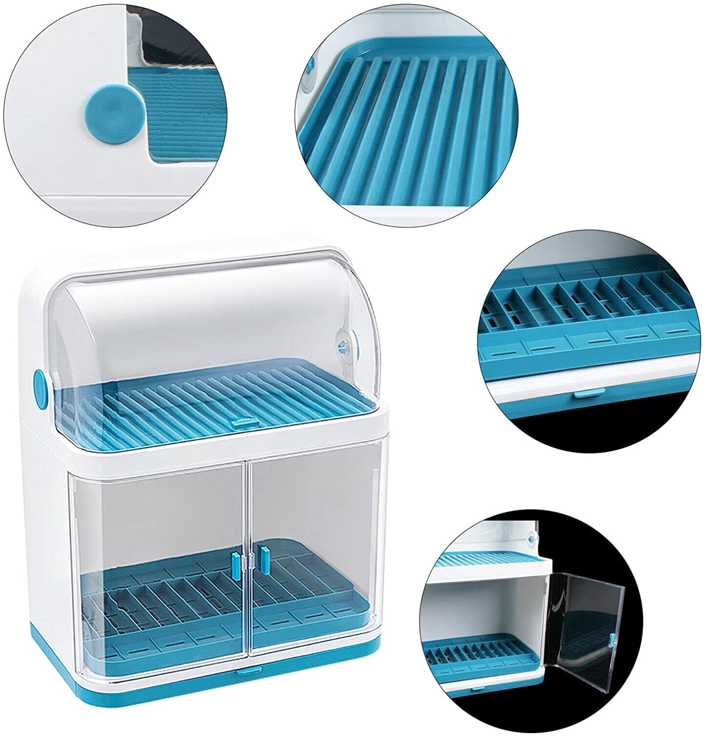 FETCOI Dish Drying Rack with Transparancy Shield Modern Dish Organizer Dust-Proof Kitchen Utility Storage Drainer Box with Detachable Drip Tray for Kitchen Counter