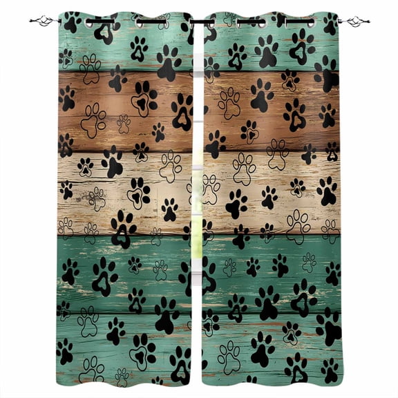 Teal Green Brown Blackout Curtains 45 Inches Long, Kitchen Black Out Window Treatments, Farmhouse Dog Paw Vintage Thermal Insulated Lined Drapes for Small Window with Grommet 42"x45"