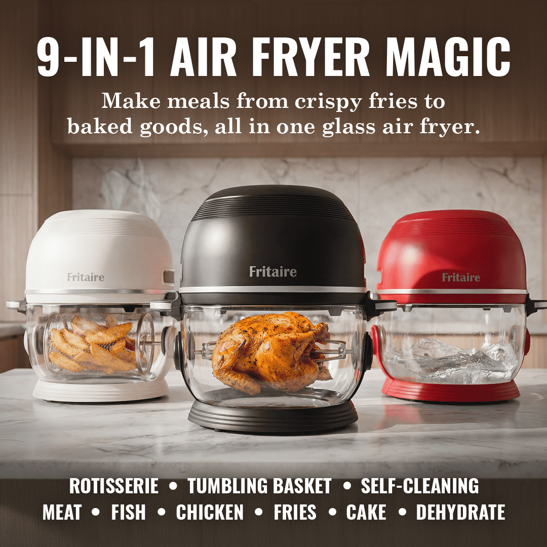 Fritaire Self-Cleaning Glass Bowl Air Fryer, 5 Qt, 6 Functions, BPA Free, Rotisserie/Tumbler, Black