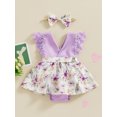 thumbnail image 2 of Bslissey Baby Girls Easter Romper Dress Lace Trim Fly Sleeve V-neck Floral Bunny Print Hem Jumpsuit with Headband Newborn Infant Summer A-line Bodysuit Dress 0-18M, 2 of 9