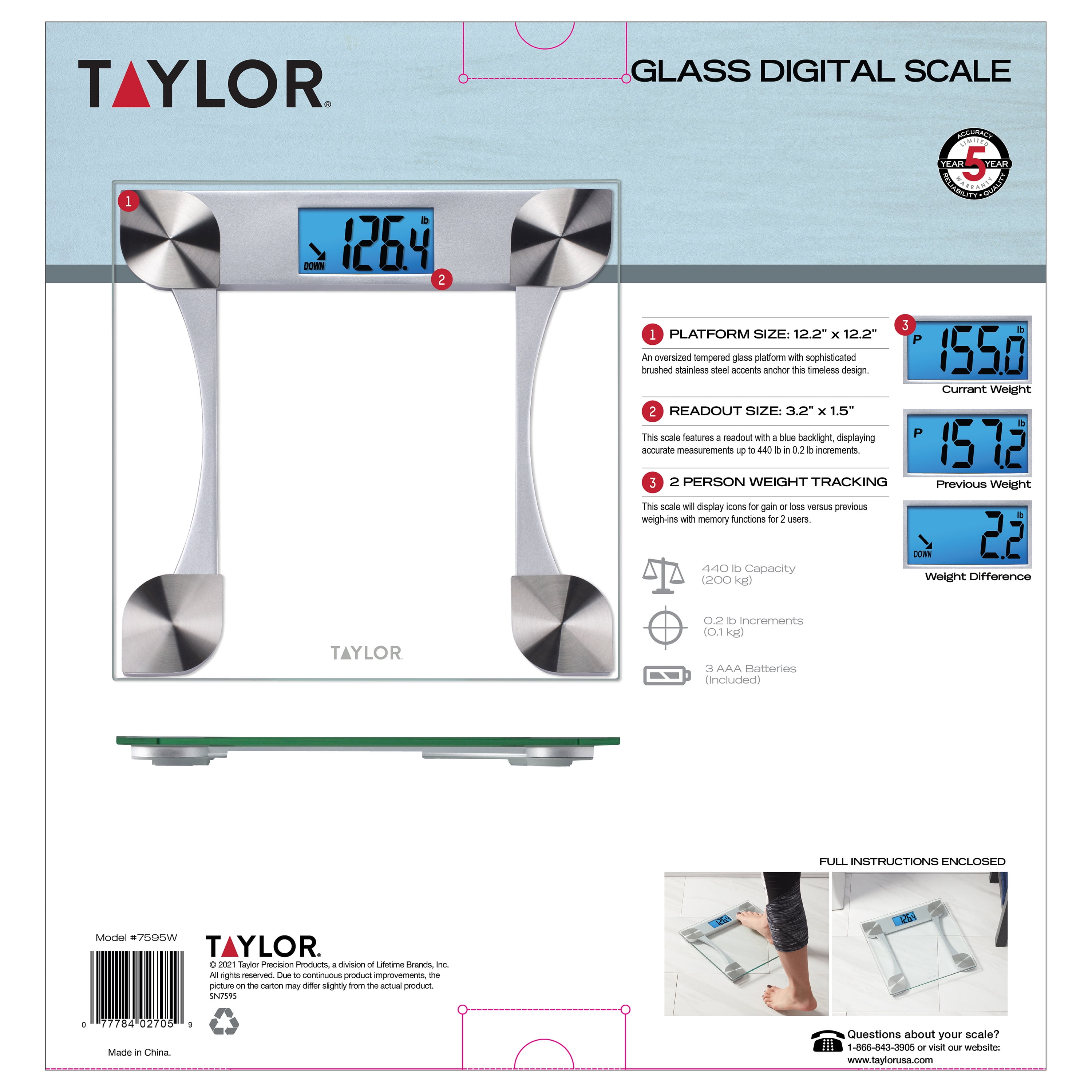 Taylor Digital Glass Bathroom Scale with Backlit Display 440lb