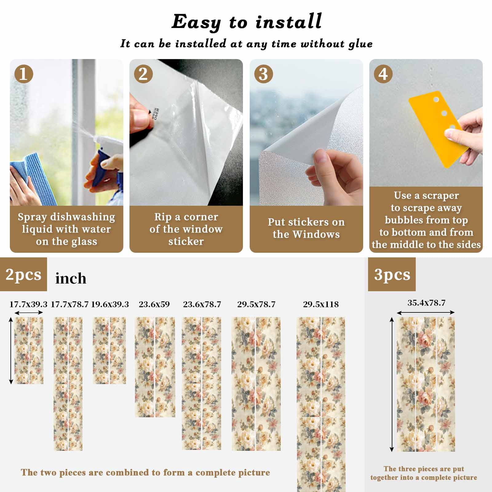 Spring Floral Window Privacy Film, Oil Painting Flower Pink White Peony Retro Romantic Frosted Glass Window Clings Static Cling UV Heat Blocking Reusable Door Sticker for Bathroom 23.6 x 59 Inch