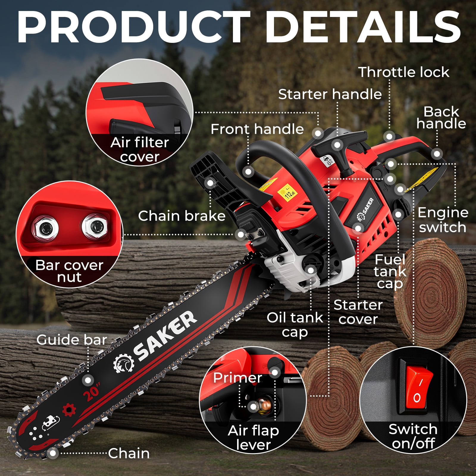 Saker 58cc Gas Chainsaw with 20-Inch Bar, 3.2HP, 2-Cycle Handheld Cordless Gas Powered Chainsaw for Heavy-Duty Wood Cutting & Tree Trimming
