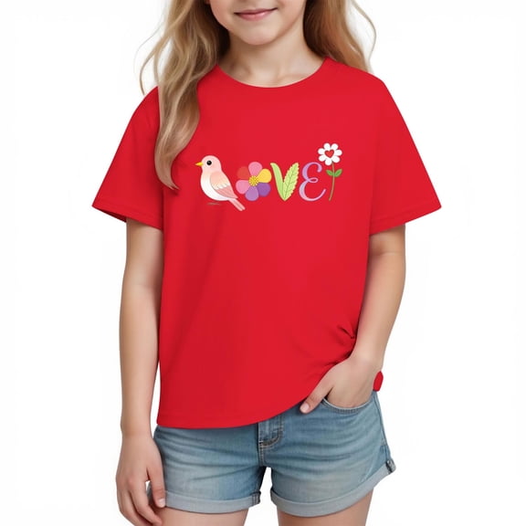 Kids Red T-Shirt for Girls Short Sleeve Graphic Tee Kids Love Bird Floral Print 100% Cotton,Size 9 T