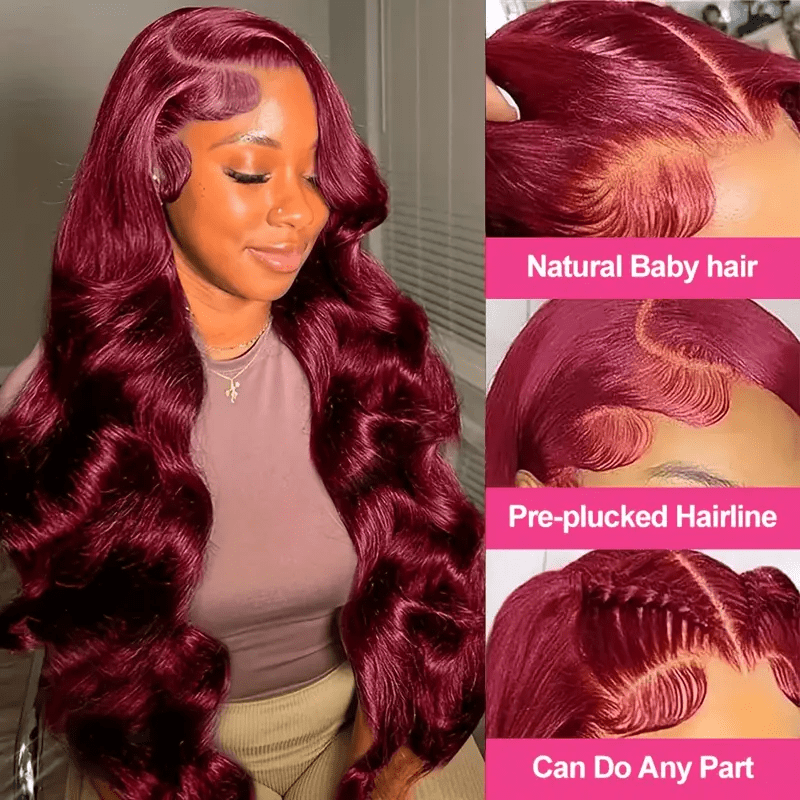 99J Burgundy Lace Front Wig Human Hair 13X6 Body Wave Lace Frontal Wigs Transparent Frontal Wig Colored Pre Plucked 200 Density Wine Red Wigs 26inch