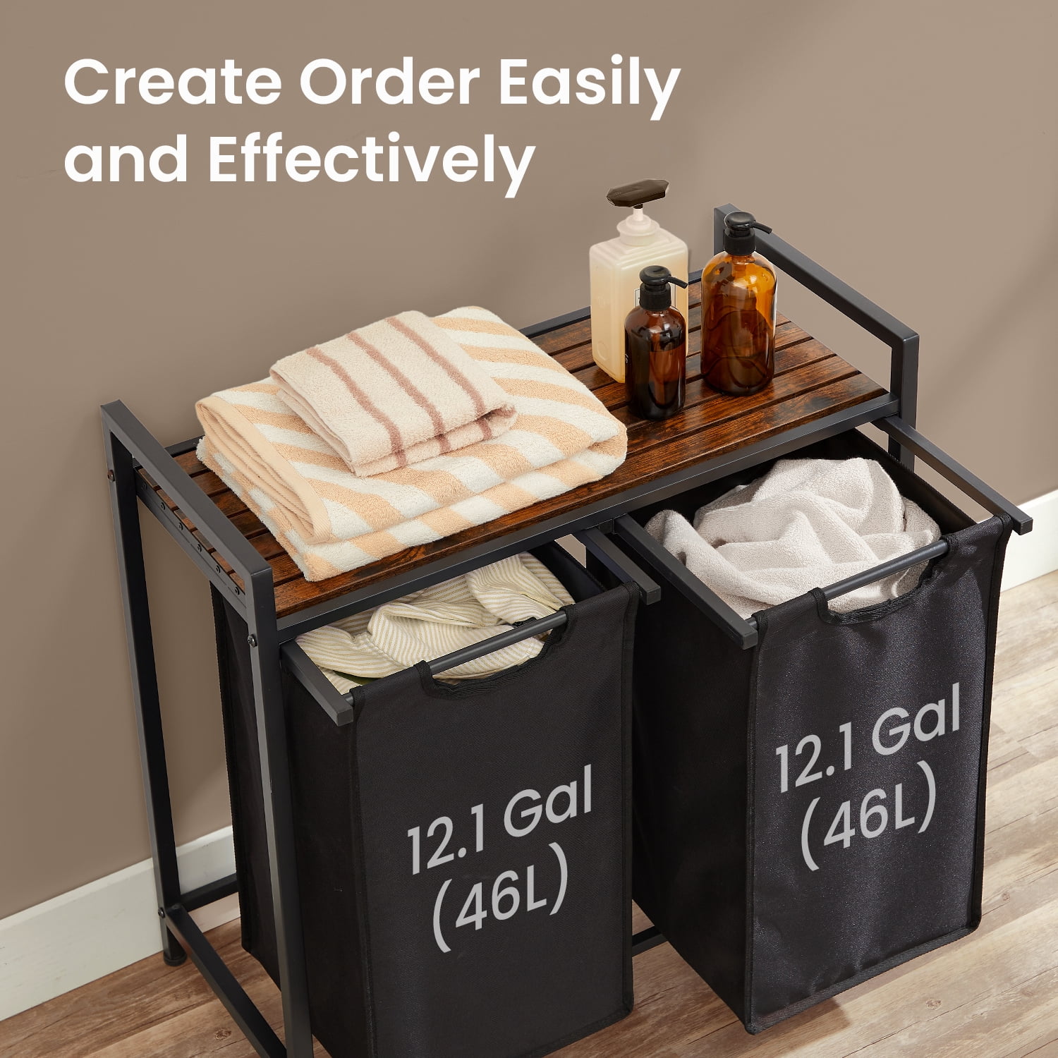 LEDREM 2-Compartment Laundry Hamper with Shelf, 24.2 Gallon (92L) Foldable Clothes Sorter, Removable Oxford Fabric Liners, Steel Frame & MDF Panel, Light，Dark Laundry Separation, Black