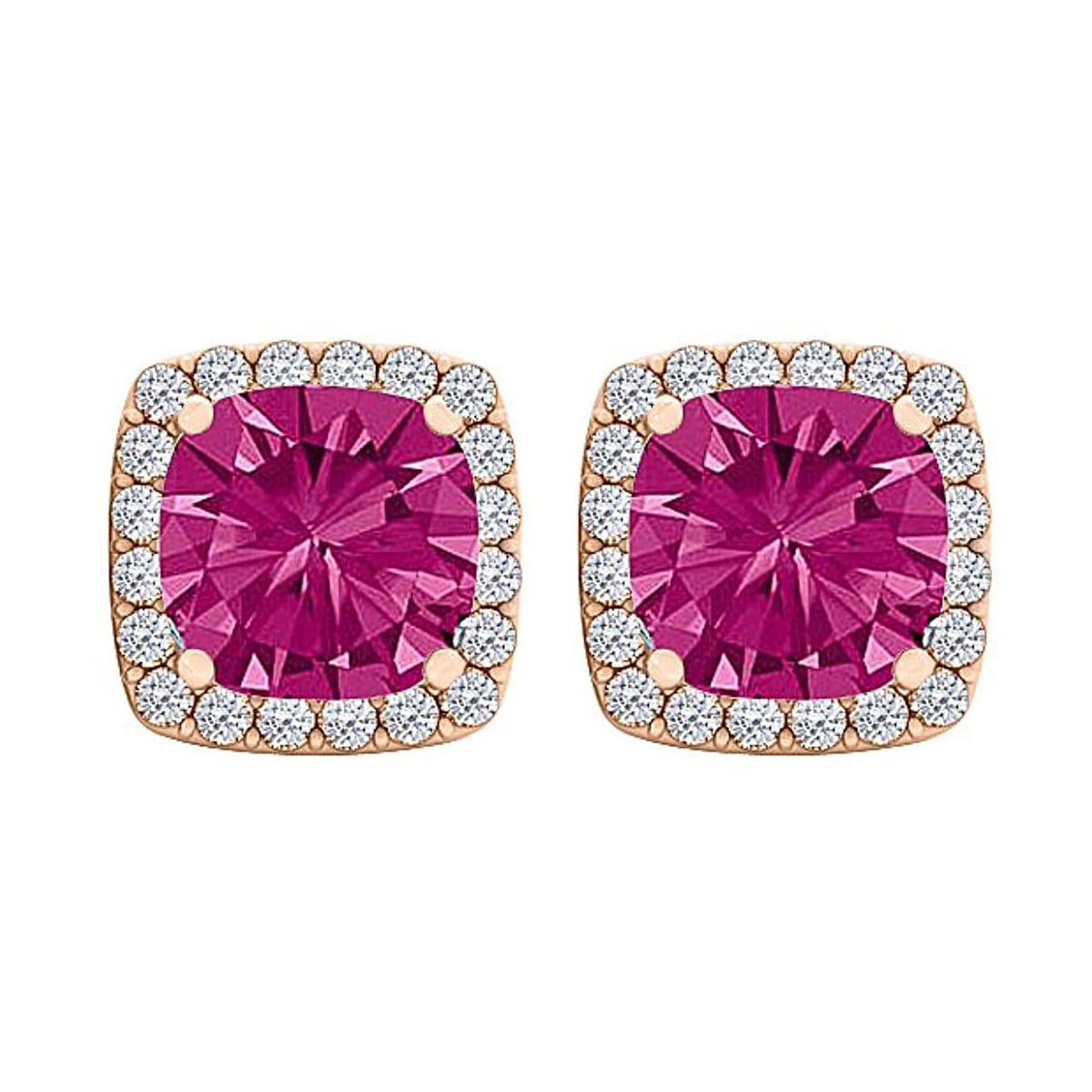 10k Rose Gold Plated 2 Carat Square Created Halo Pink Sapphire Stud Earrings