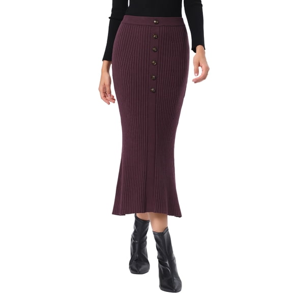 DARING DIVA Women's Knit Maxi Skirt Elastic Waist Ribbed Fishtail Skirt XS Deep Purple Red