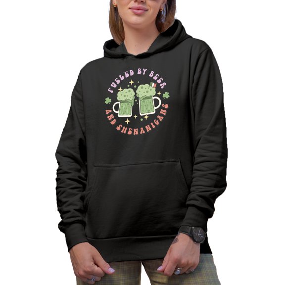 Fueled by Beer and Shenanigans, St. Patrick's Day Gift, Black Hooded Sweatshirt or Hoodie, Small