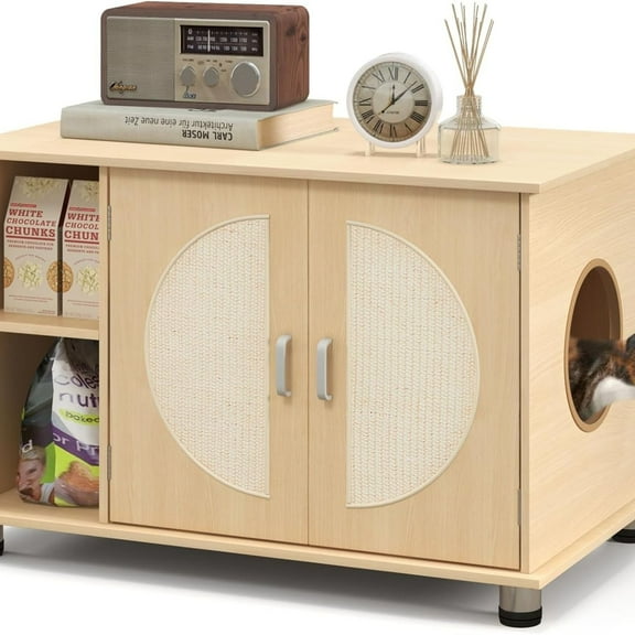 Litter Box Enclosure, Hidden Cat Washroom with Storage Shelf, Sisal Scratching Doors, Adjustable Metal Feet, Modern Cat Litter Cabinet Storage Bench, Enclosed Litter Box Furniture (Natural)