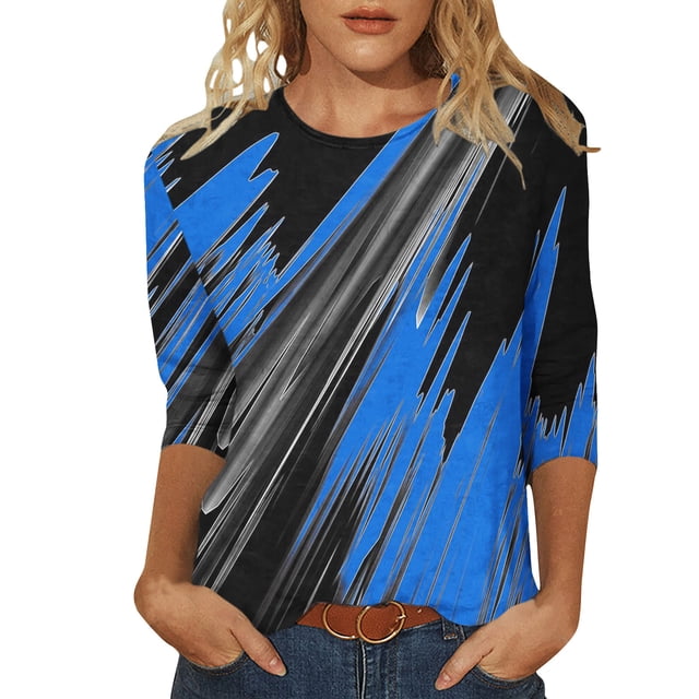Baikeli Hauts pour Femmes en Liquidation Chemises d'Été pour Femmes Hauts à Manches 3/4 Blouses Tendance à Col Rond Chandail Décontracté à Motif Imprimé T-Shirt Coupe Décontractée T-Shirts pour Femmes à Manches 3/4