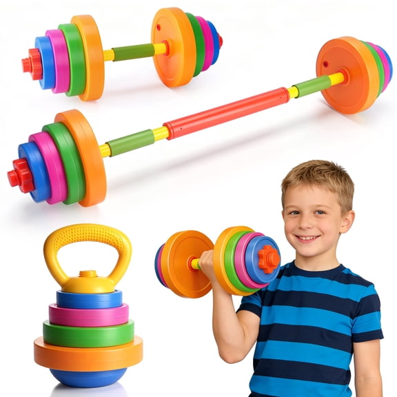 AuntyFey 3-in-1 Kids dumbbell Fitness Set with Adjustable Barbell, Kids Gym Equipment for Pretend Play