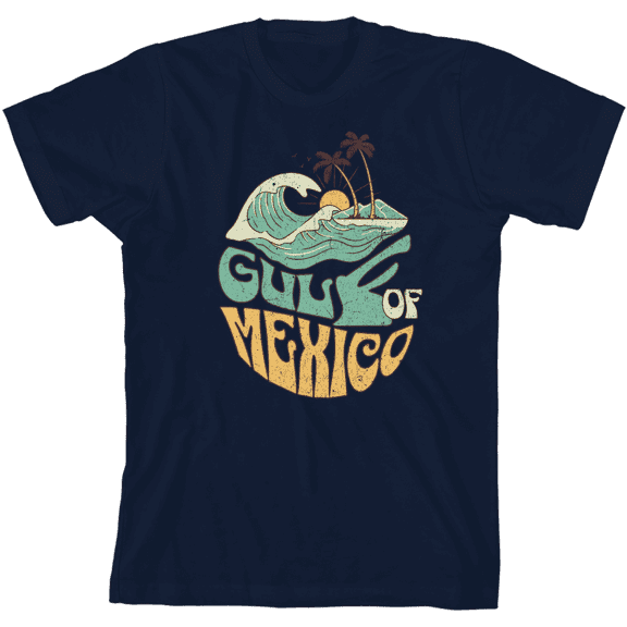 Gulf of Mexico Wave Text Youth Navy Blue Crew Neck Short Sleeve Tee-Medium