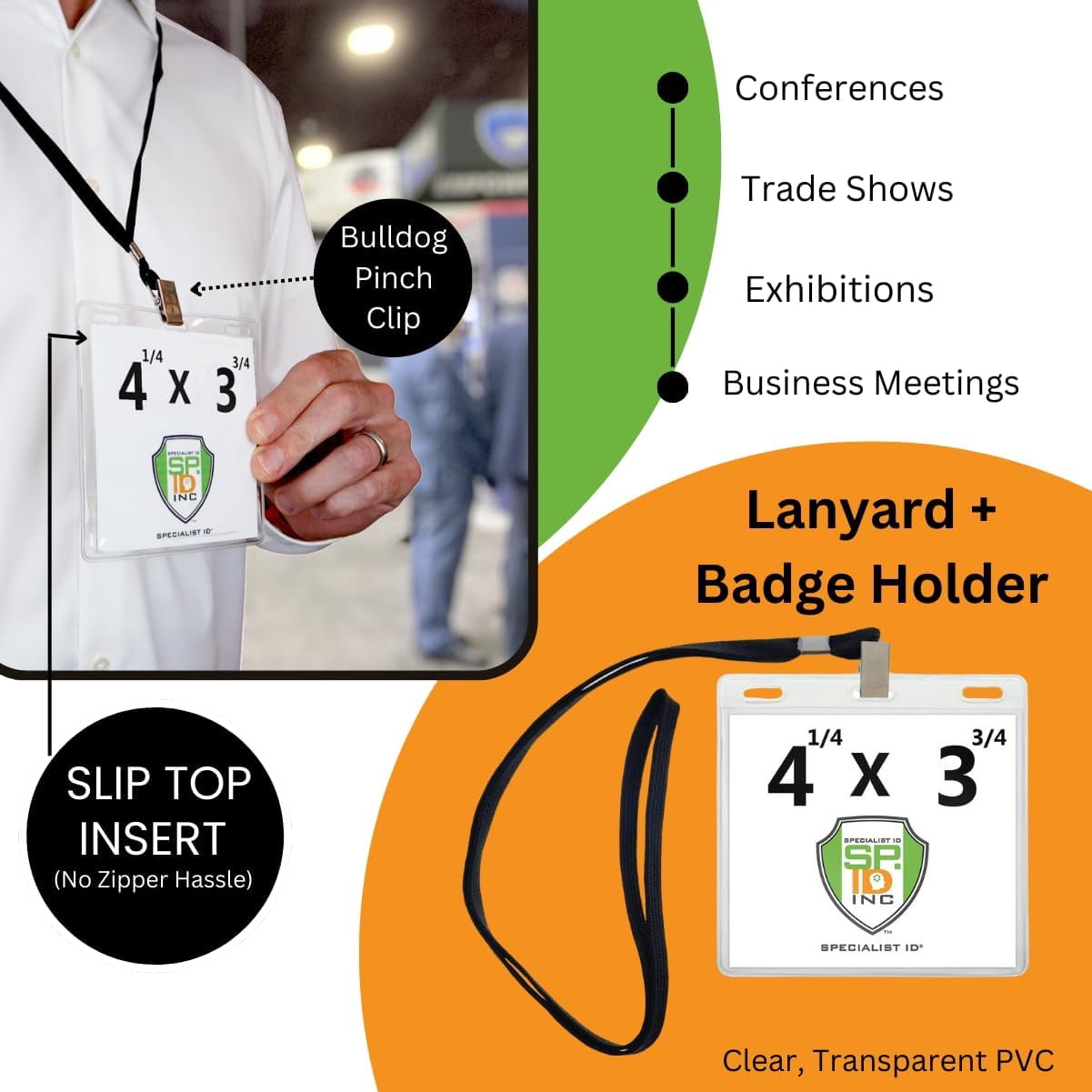 100 Pack -4x3 Nametag Holder with Lanyard - Horizontal - Premium 4 x 3 Event Badge Holders with Lanyards - Extra Room Pouch - Large Name Tags for Events, (up to 3 3/4 x 4 1/4) Specialist ID (Black)