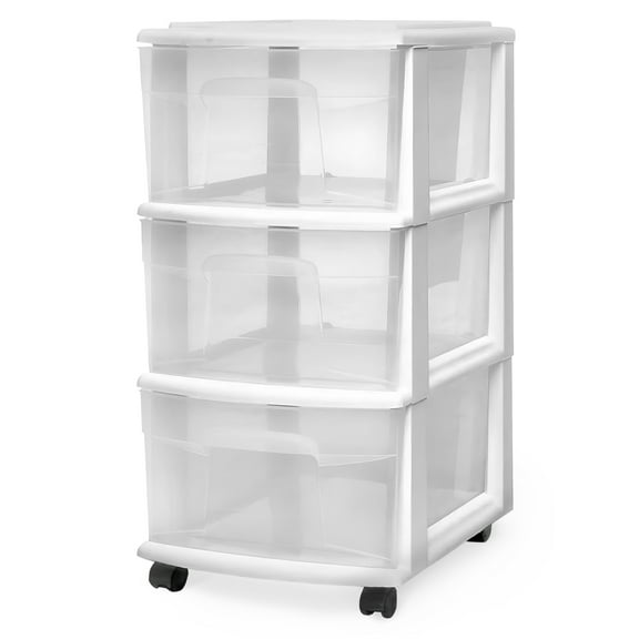 HOMZ Drawer Tower, 3-Tier Clear Plastic Rolling Storage Cart, Removable Wheels, White