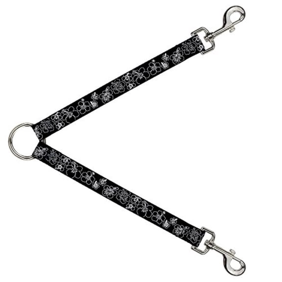 Buckle Down Dog Leash Splitter Hibiscus Outline Black White 1 Foot Long 1 Inch Wide