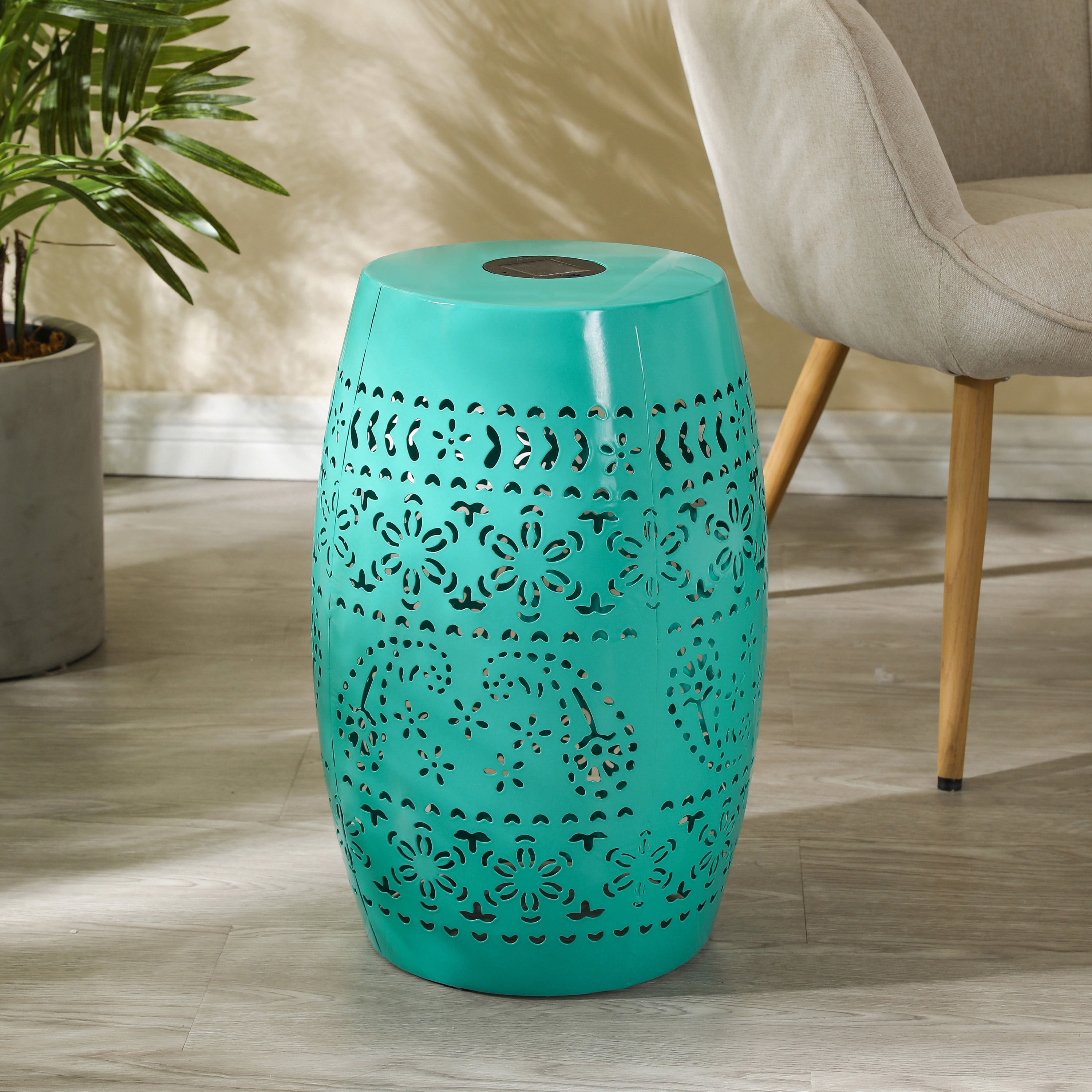 Solar Side Table, Outdoor Side Table with Built-In Solar Battery for Patio Garden Backyard, Teal