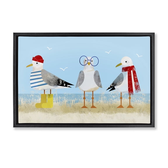 Stupell Industries Seagulls in Winter Clothes Animals Painting Black Floater Framed Canvas Art Print Wall Art, 25 x 17