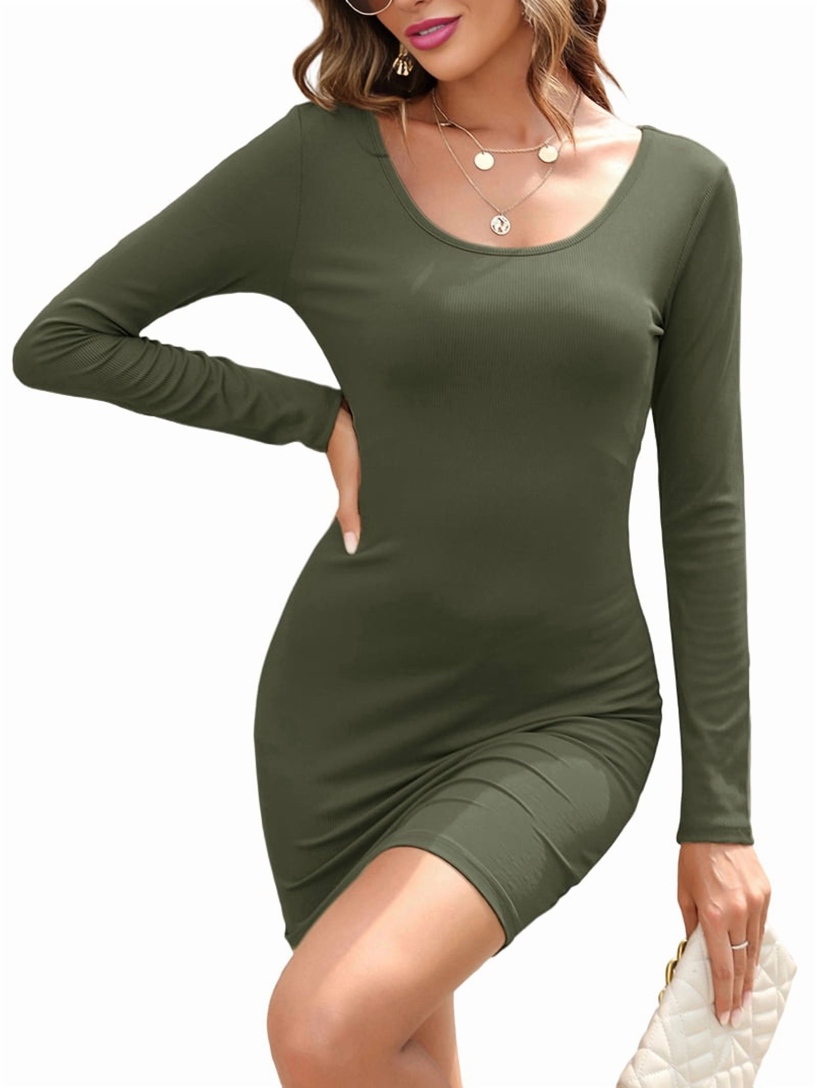 Womens Dresses U Neck Long Sleeve Casual Ribbed Knit Slim Fitted Basic Bodycon Mini Pencil Dress Army Green XXL