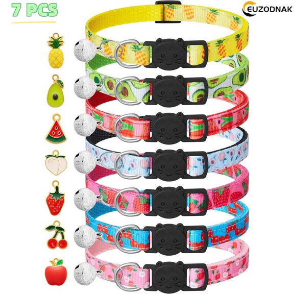 BTEPSGA 7 Pack Breakaway Cat Collars with Bells & Fruit Pendants,Safety Kitten Collar,Adjustable,Ideal for Girl Cats Boy Male Cats Pet Supplies,Accessories,Gifts