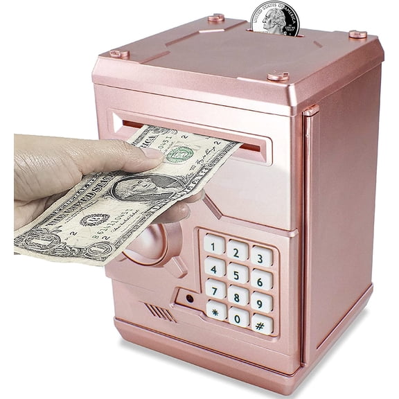 Mini ATM Piggy Bank ATM Machine Best Gift for Kids,Electronic Code Piggy Bank Money Counter Safe Box Coin Bank for Boys Girls Password Lock Case (Rose Gold)