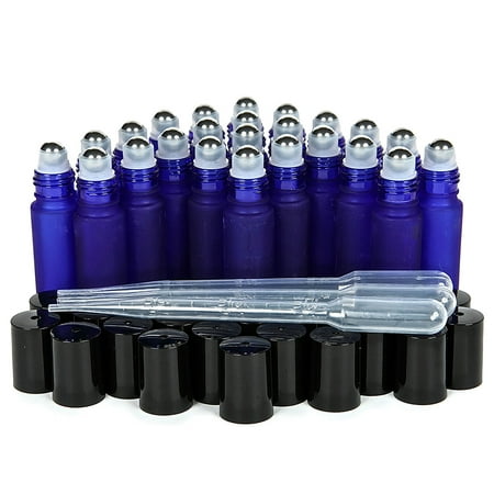- Vivaplex, 24, Frosted Cobalt Blue 10 ml Glass Roll-on Bottles with Stainless Steel Roller Balls. 3 - 3 ml Droppers included
